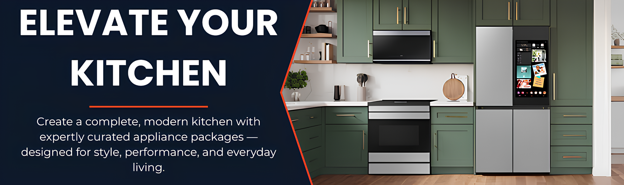 Modern kitchen with appliances and text promoting kitchen upgrades.