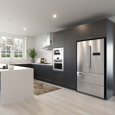 Modern kitchen with stainless steel refrigerator and dark cabinets