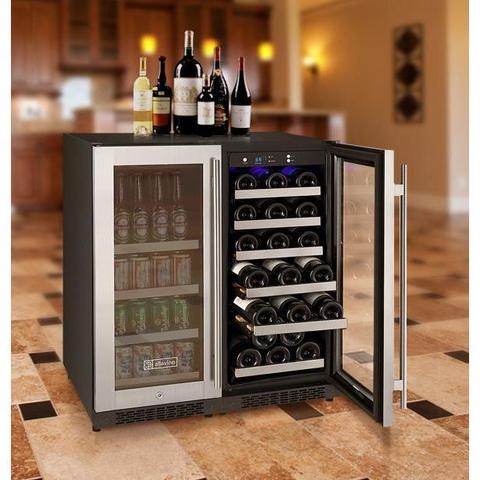 Allavino 30-inch stainless steel dual-zone wine and beverage refrigerator with 30 bottle and 88 can capacity, side-by-side design.